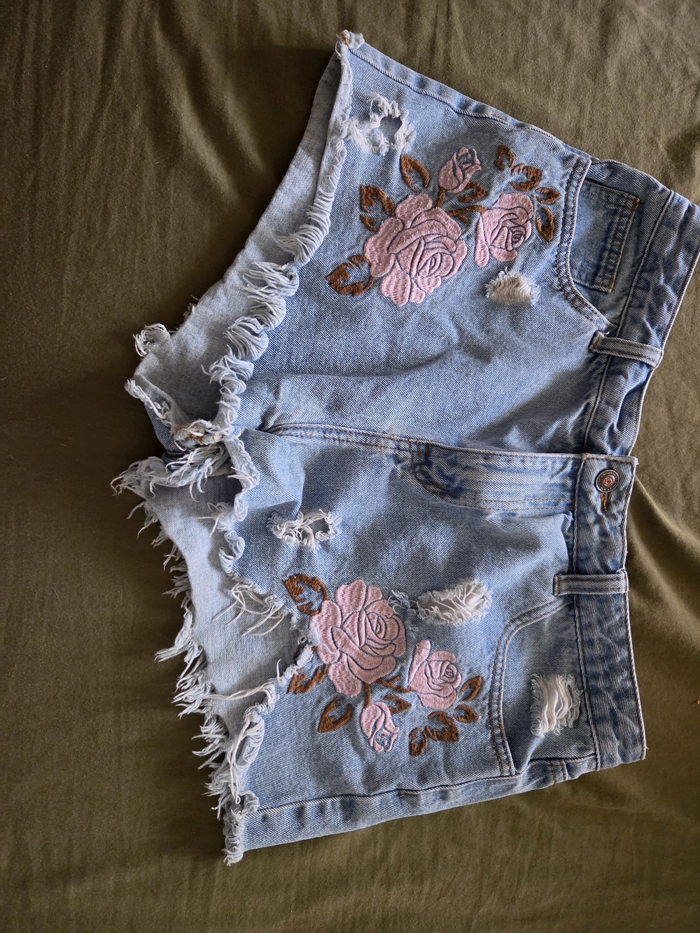 High-Rise Light Blue Denim Shorts with Pink Rose Embroidery